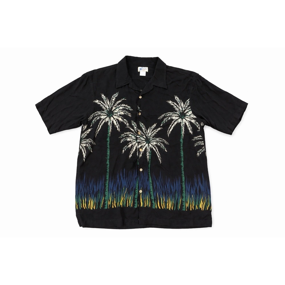 Vintage Hawaiian Shirt Mens Medium Palm Tree All Over Print Black Rayon Soft